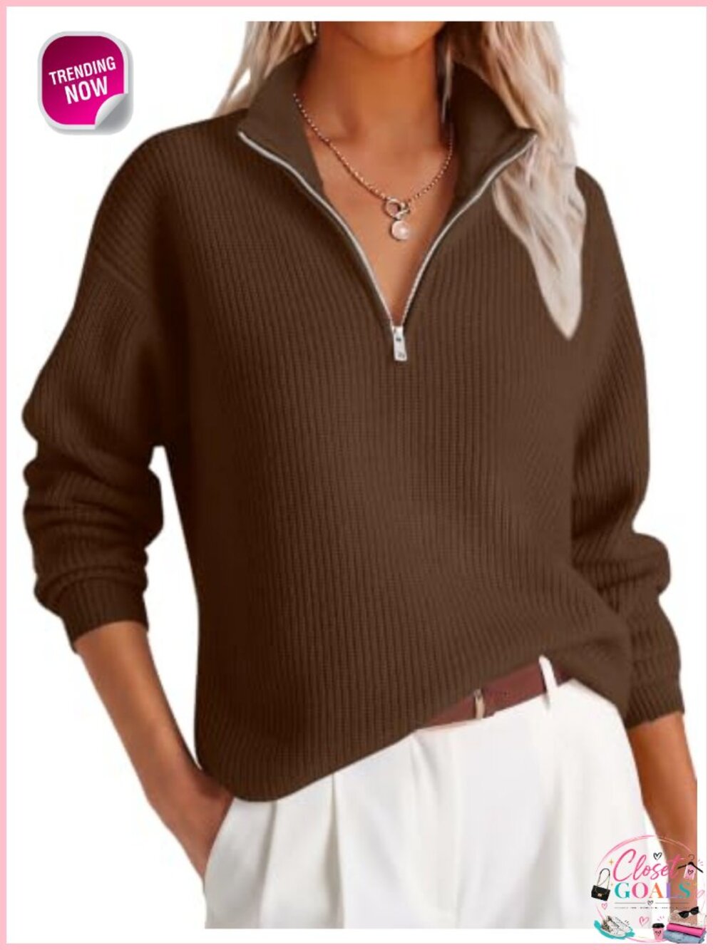 Womens Cropped Quarter Zip Pullover Sweater Loose Knit Fall Winter